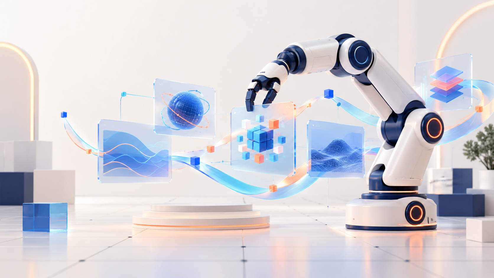 A robotic arm interacting with glowing data and AI visualisations